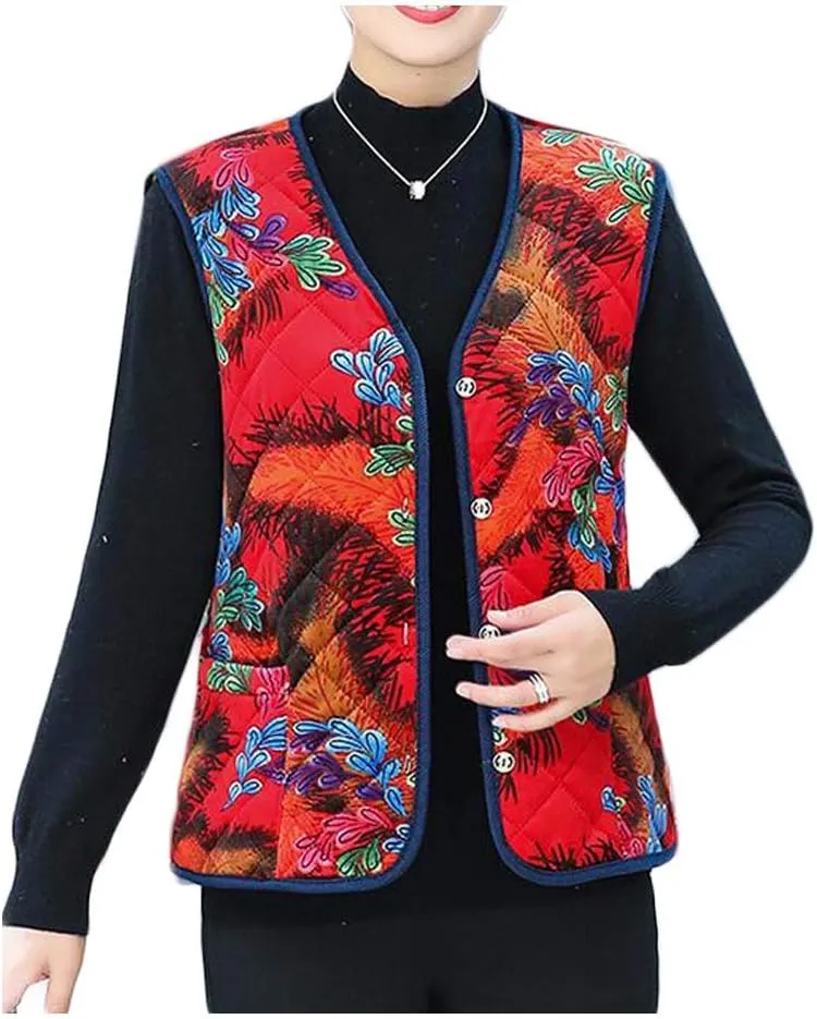 Floral Winter Warm Waistcoat Women's Padded Cotton Vest Innerwear Outerwear Sleeveless Jacket Tank Top,Red