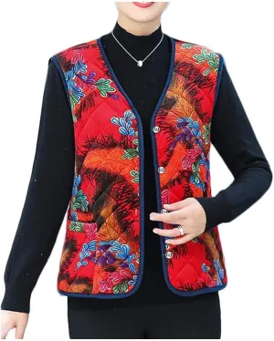 Floral Winter Warm Waistcoat Women's Padded Cotton Vest Innerwear Outerwear Sleeveless Jacket Tank Top,Red
