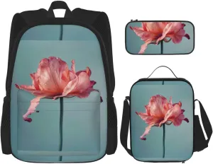 Flower Print Unisex Stylish Travel Backpack Set With Insulated Lunch Bag,Adjustable Straps