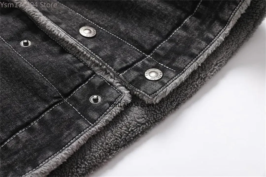 Fnfmrfmr Men's Winter Lapel Lamb Hair Thickened Denim Jacket Casual Tight Warm Cotton Padded Coat