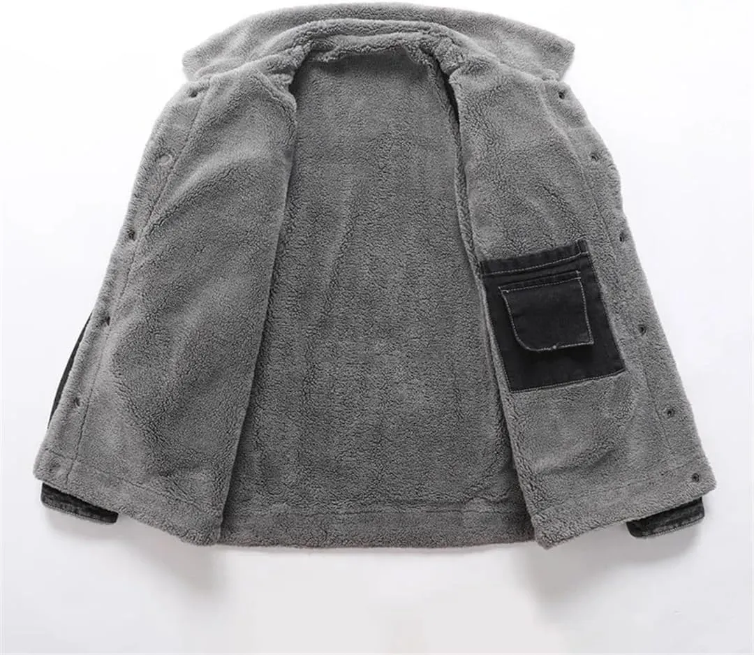 Fnfmrfmr Men's Winter Lapel Lamb Hair Thickened Denim Jacket Casual Tight Warm Cotton Padded Coat