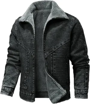 Fnfmrfmr Men's Winter Lapel Lamb Hair Thickened Denim Jacket Casual Tight Warm Cotton Padded Coat