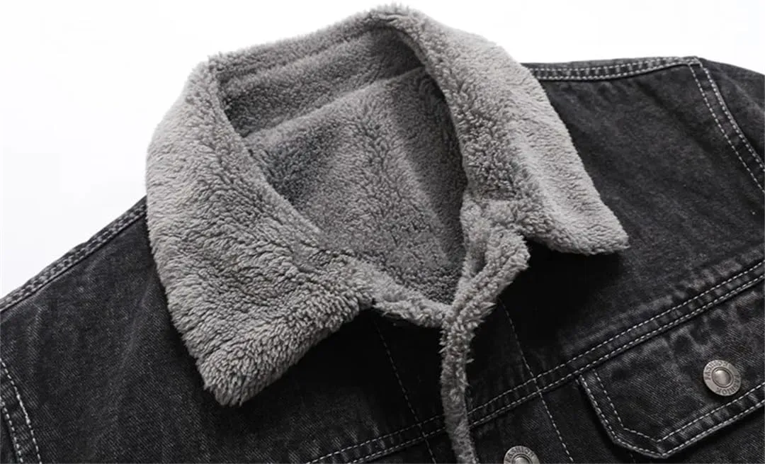 Fnfmrfmr Men's Winter Lapel Lamb Hair Thickened Denim Jacket Casual Tight Warm Cotton Padded Coat