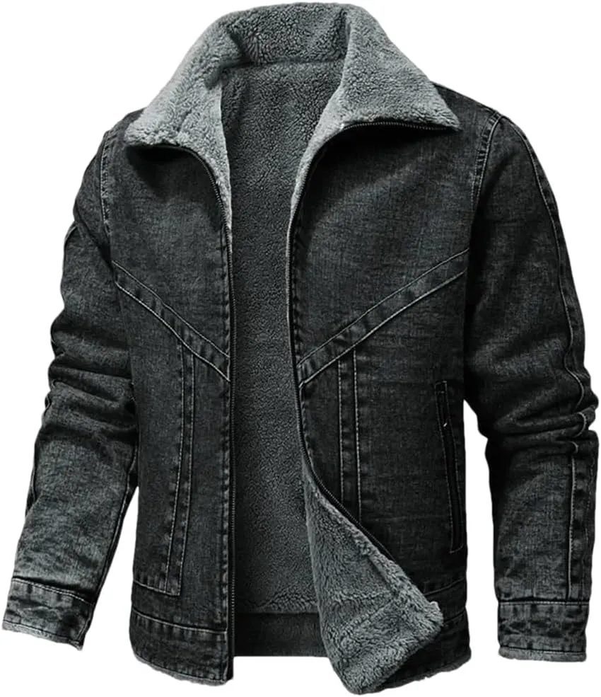 Fnfmrfmr Men's Winter Lapel Lamb Hair Thickened Denim Jacket Casual Tight Warm Cotton Padded Coat