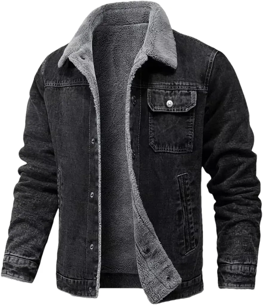 Fnfmrfmr Men's Winter Lapel Lamb Hair Thickened Denim Jacket Casual Tight Warm Cotton Padded Coat