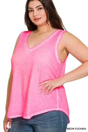 FS CLEARANCE Plus Washed Raw Edge V-Neck Tank Top