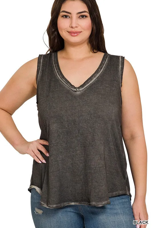 FS CLEARANCE Plus Washed Raw Edge V-Neck Tank Top