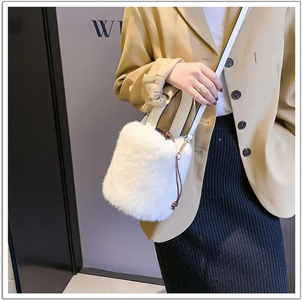 Fur Plush Bucket Handbag - Women's Stylish Shoulder Crossbody Mini Cylinder Bag