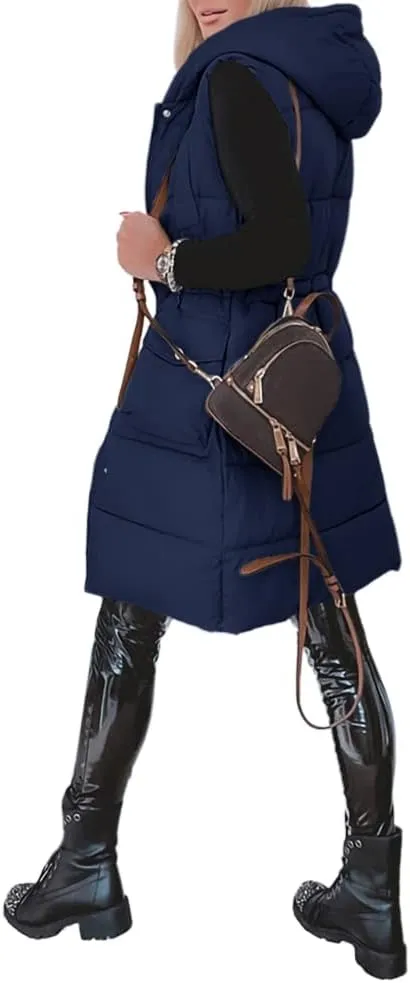 Genayge Womens Long Puffer Vest Quilted Sleeveless Jacket Winter Padded Coat Zip Up Hooded Outerwear With Pockets