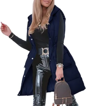 Genayge Womens Long Puffer Vest Quilted Sleeveless Jacket Winter Padded Coat Zip Up Hooded Outerwear With Pockets