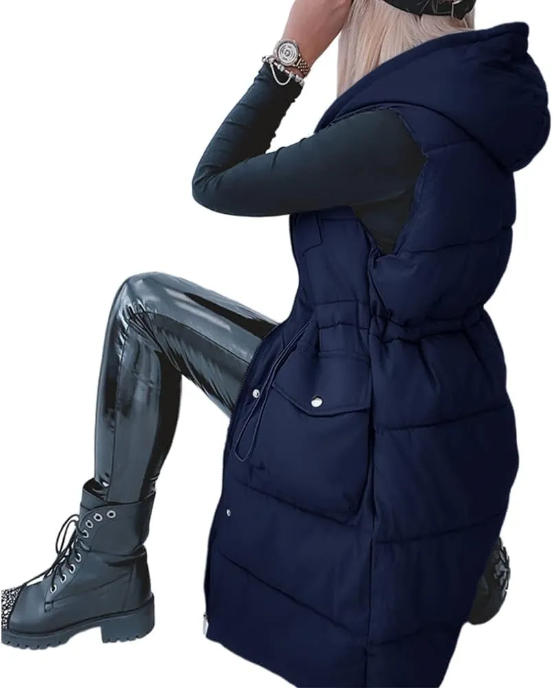 Genayge Womens Long Puffer Vest Quilted Sleeveless Jacket Winter Padded Coat Zip Up Hooded Outerwear With Pockets