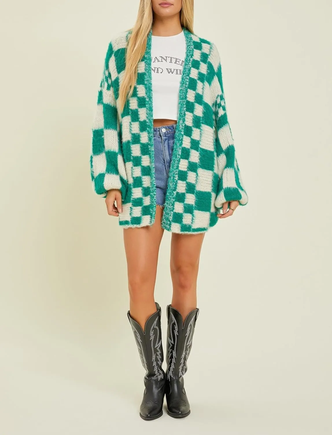 Giraropa Women Checkered Cardigan 2024 Long Sleeve Open Front Loose Knit Sweater Oversized Lightweight Cardigans Outwear