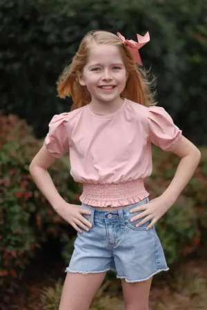 Girl on the Go Blush Puff Sleeve Meet and Greet Smocked Waist Shirt