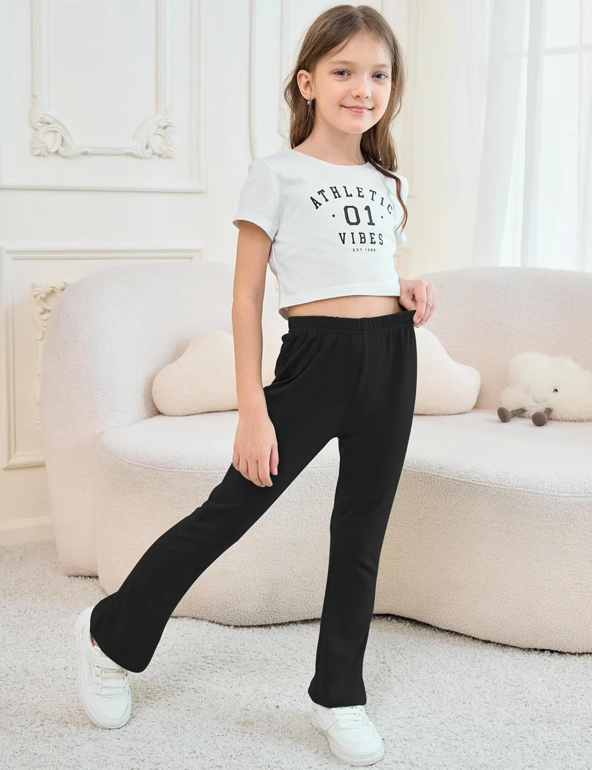 Girls Mid-Rise Flared Pants, 3 Pack Soft Rayon Stretch Bell Bottoms for Kids, Skinny Fit Bootcut Leggings