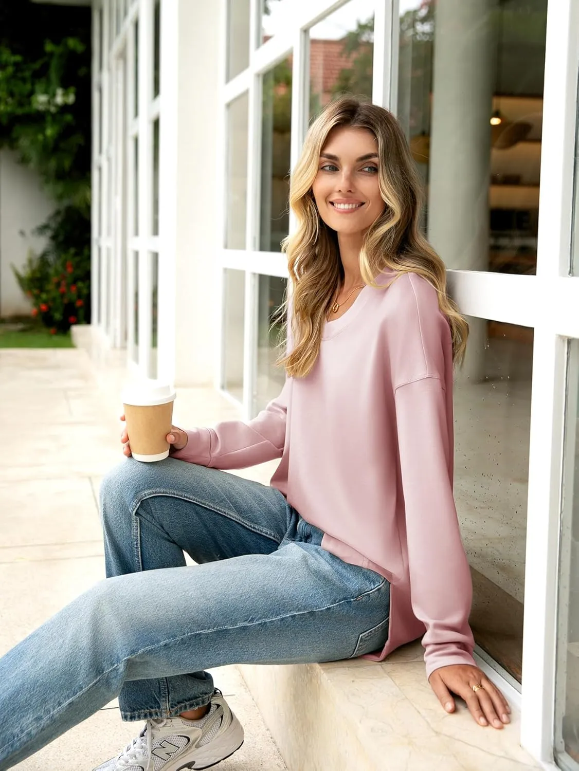 Glamaker Women's Long Sleeve V Neck Sweatshirt Air Essentials Soft Loose Pullover Sweatshirts