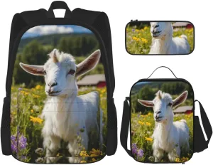 Goat Print Unisex Stylish Travel Backpack Set With Insulated Lunch Bag,Adjustable Straps