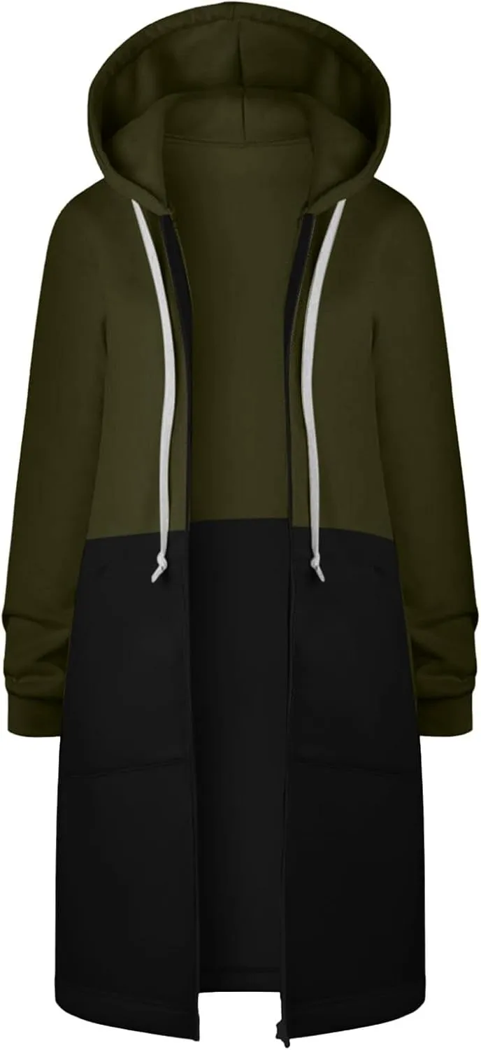 GOFULY Hooded For Women Full Zip Knee Length Tunic Sweatshirt Dresses Fleece Fall Jackets Long Sleeve Solid Clothes Pockets