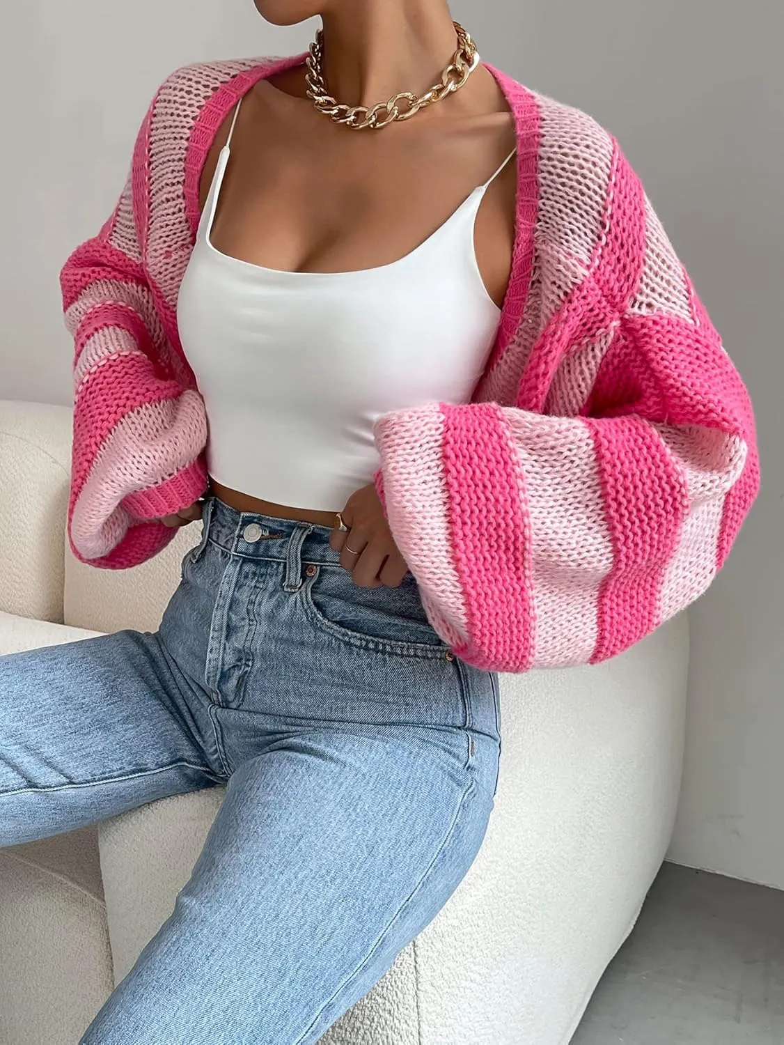 GORGLITTER Women's Color Block Striped Bolero Shrug Sweater Long Sleeve Open Front Crop Cardigan Top Outerwear
