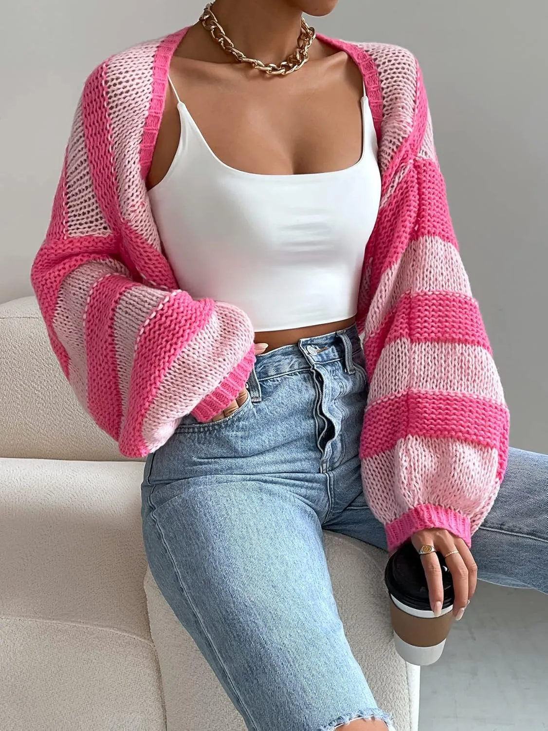 GORGLITTER Women's Color Block Striped Bolero Shrug Sweater Long Sleeve Open Front Crop Cardigan Top Outerwear