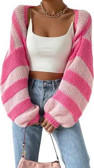 GORGLITTER Women's Color Block Striped Bolero Shrug Sweater Long Sleeve Open Front Crop Cardigan Top Outerwear