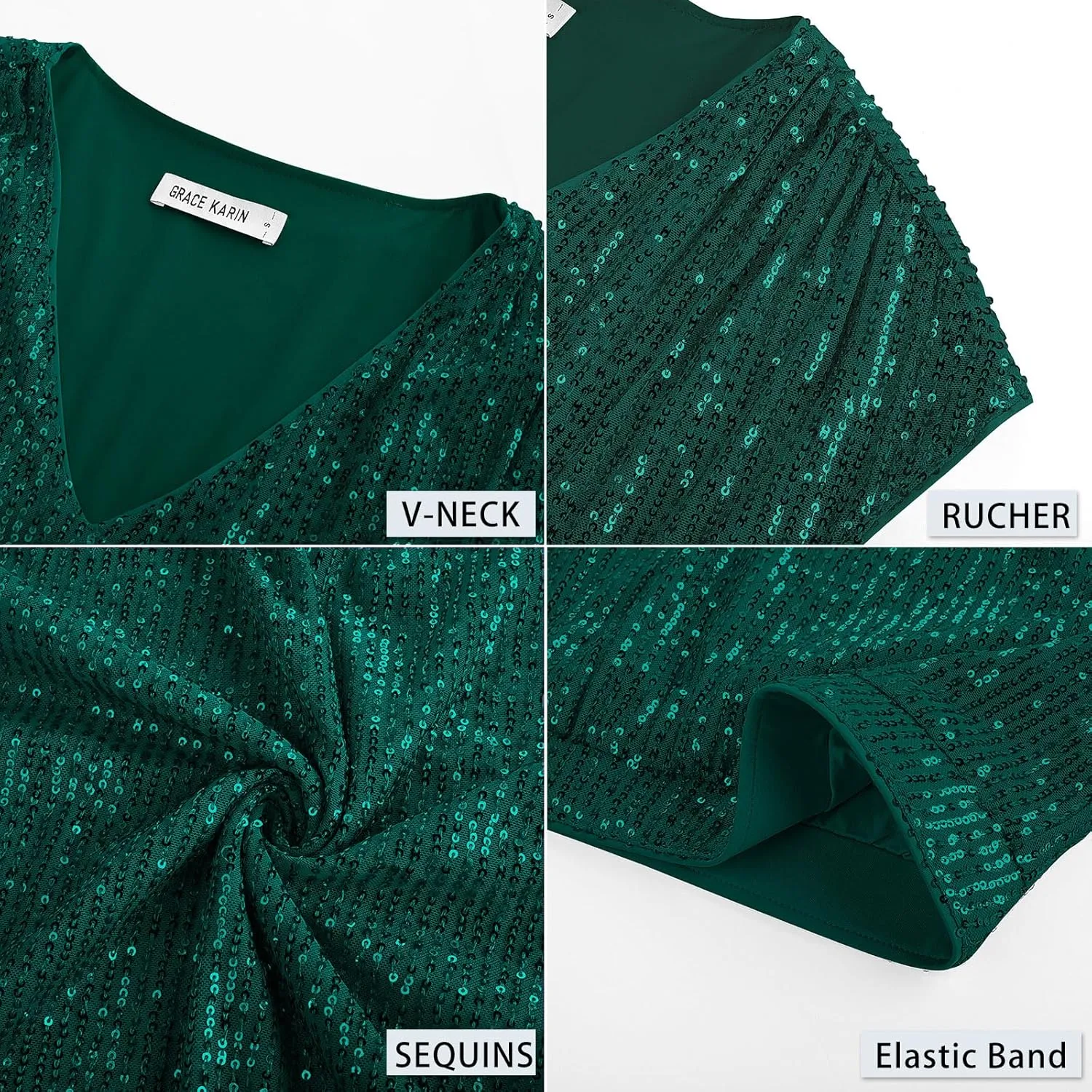 GRACE KARIN V Neck Sequin Short Sleeve Tops for Women Elastic Sparkly Tank Top for Party