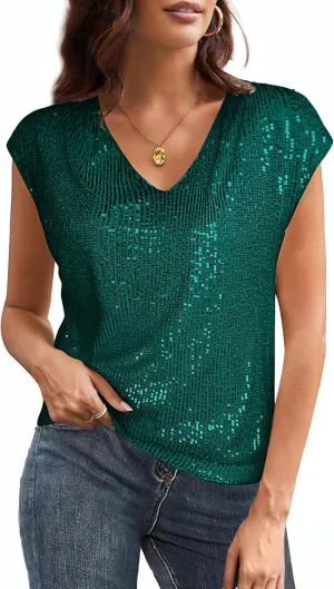 GRACE KARIN V Neck Sequin Short Sleeve Tops for Women Elastic Sparkly Tank Top for Party