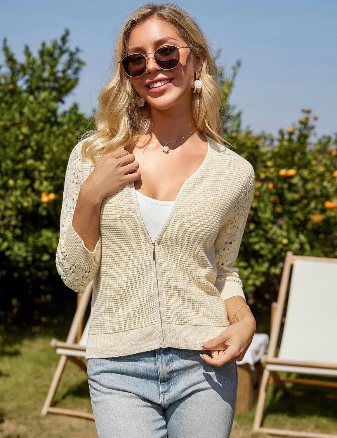GRACE KARIN Womens Lightweight Summer Cardigan 3/4 Sleeve Cropped Cardigan Dressy Zip Up Cardigans Jacket