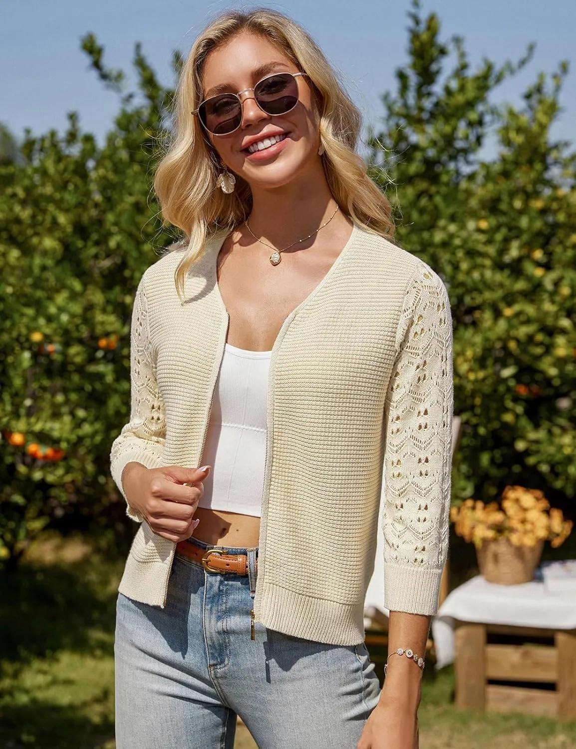 GRACE KARIN Womens Lightweight Summer Cardigan 3/4 Sleeve Cropped Cardigan Dressy Zip Up Cardigans Jacket