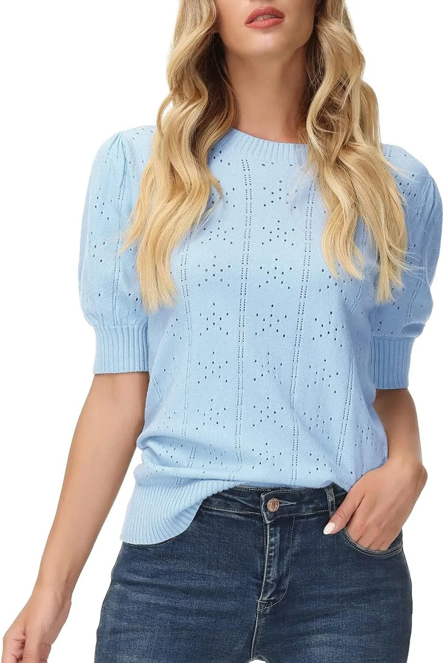 GRACE KARIN Womens Lightweight Thin Summer Pullover Sweater Cute Puff Short Sleeve Tops Pullover Shirt Knit Blouse