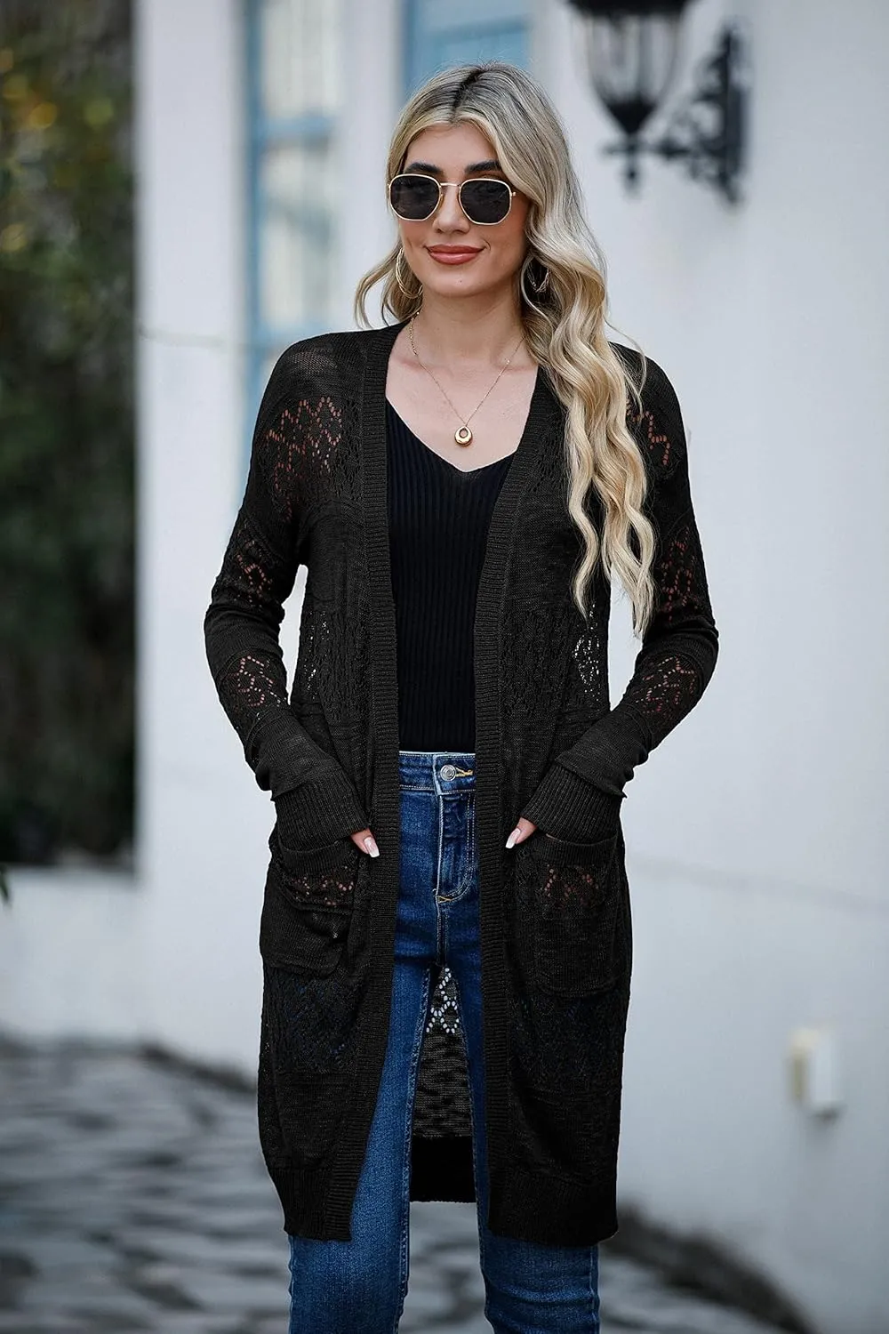 GRECERELLE Womens Lightweight Longer Length Cardigan Long Sleeve Casual Crochet Open-Front Sweater with Pockets