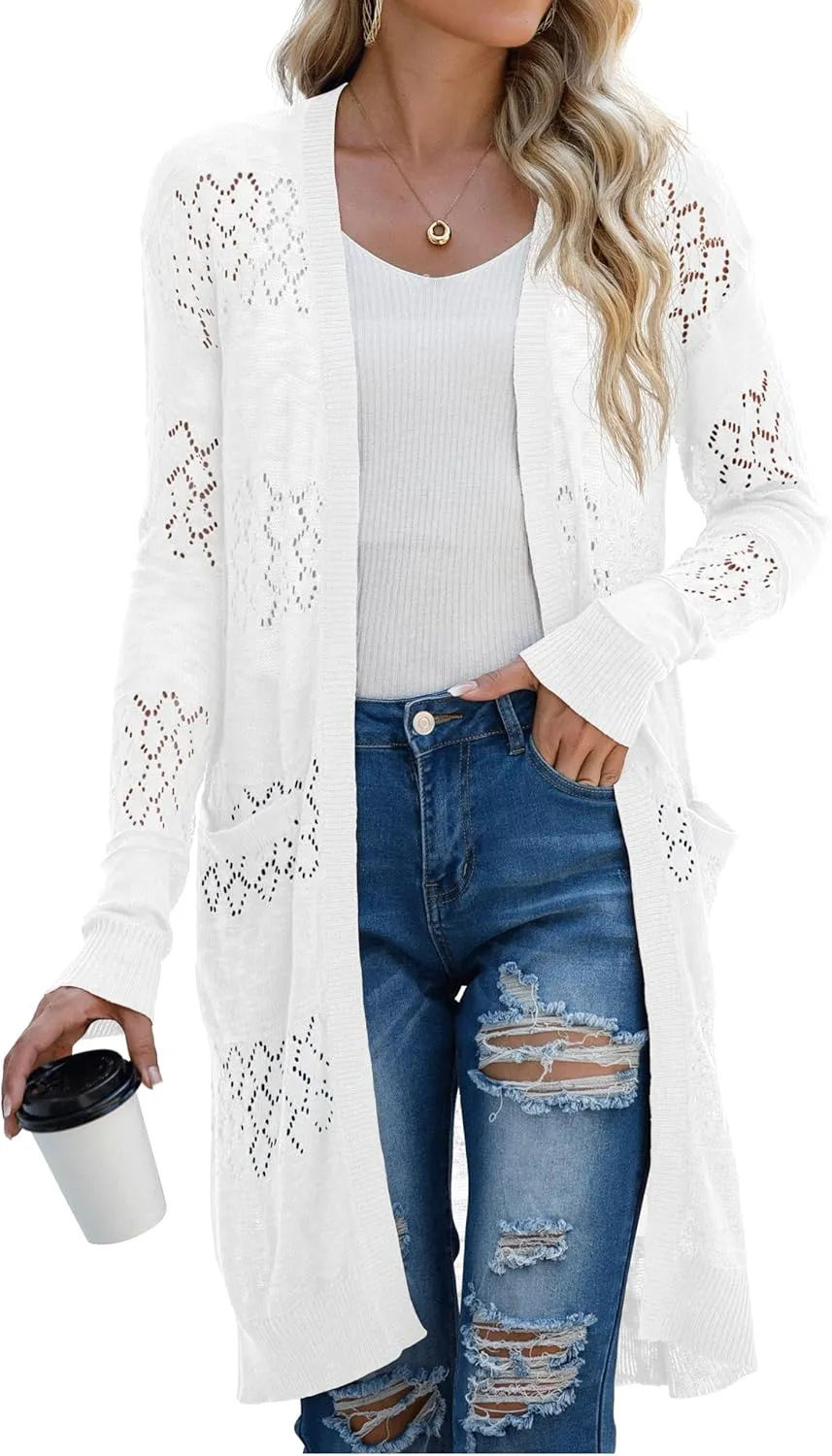 GRECERELLE Womens Lightweight Longer Length Cardigan Long Sleeve Casual Crochet Open-Front Sweater with Pockets