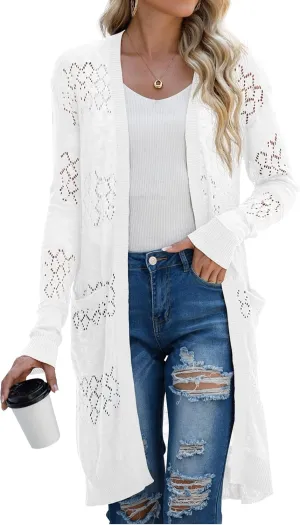 GRECERELLE Womens Lightweight Longer Length Cardigan Long Sleeve Casual Crochet Open-Front Sweater with Pockets