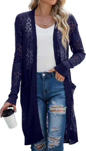 GRECERELLE Womens Lightweight Longer Length Cardigan Long Sleeve Casual Crochet Open-Front Sweater with Pockets