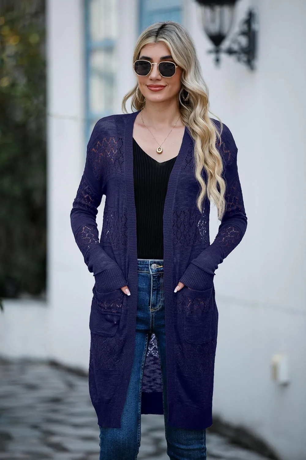 GRECERELLE Womens Lightweight Longer Length Cardigan Long Sleeve Casual Crochet Open-Front Sweater with Pockets