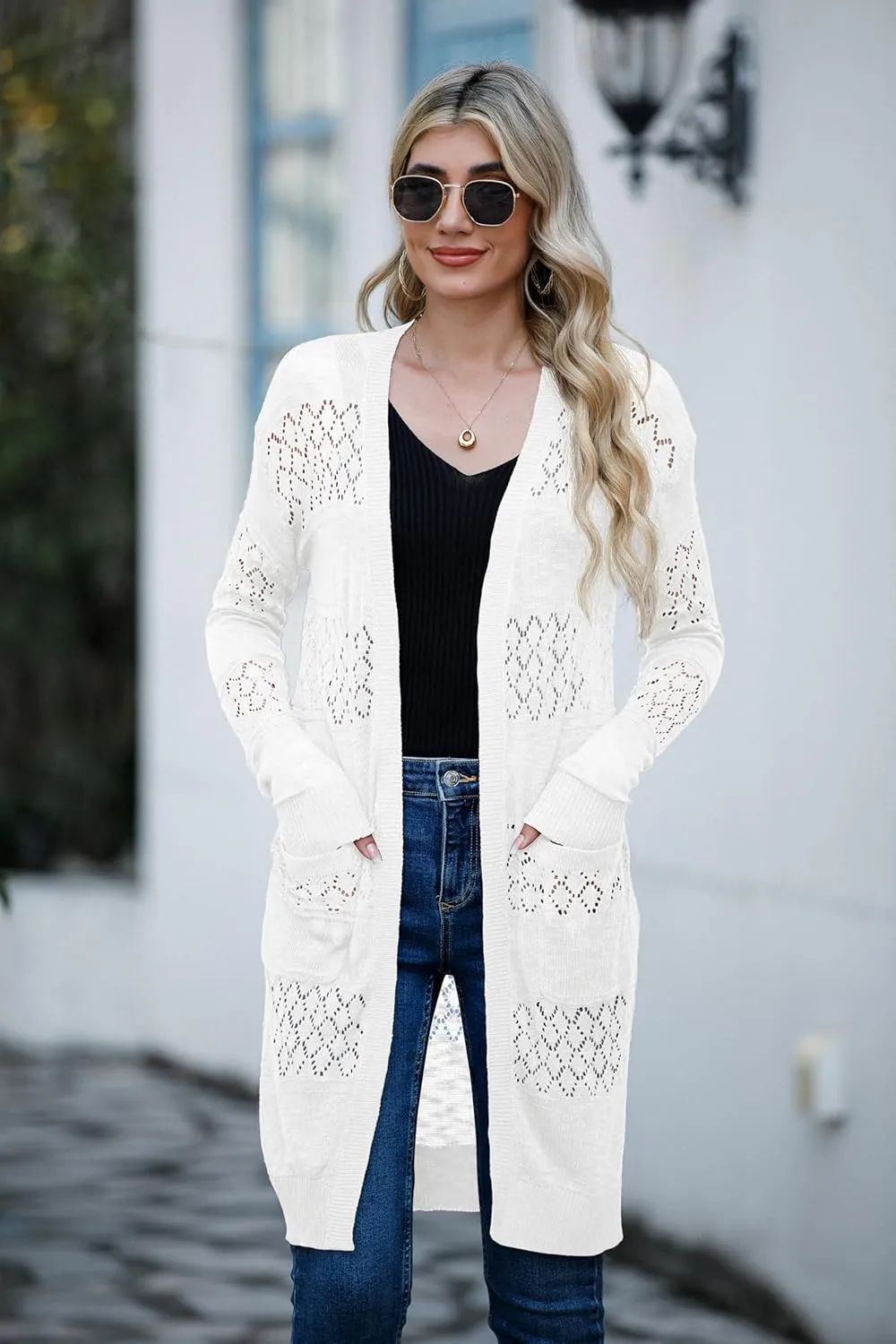 GRECERELLE Womens Lightweight Longer Length Cardigan Long Sleeve Casual Crochet Open-Front Sweater with Pockets
