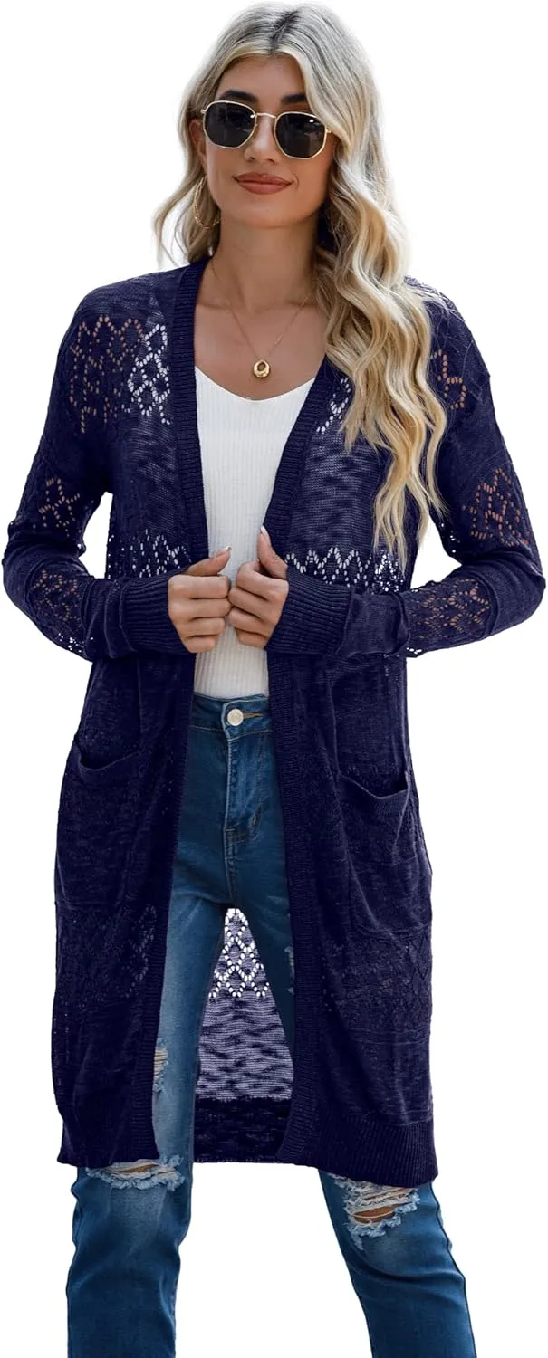 GRECERELLE Womens Lightweight Longer Length Cardigan Long Sleeve Casual Crochet Open-Front Sweater with Pockets