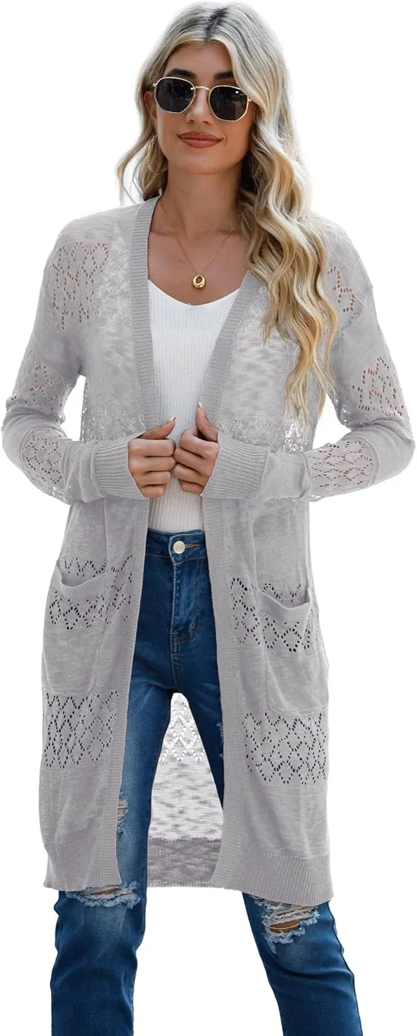 GRECERELLE Womens Lightweight Longer Length Cardigan Long Sleeve Casual Crochet Open-Front Sweater with Pockets