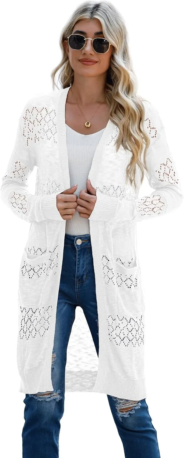 GRECERELLE Womens Lightweight Longer Length Cardigan Long Sleeve Casual Crochet Open-Front Sweater with Pockets