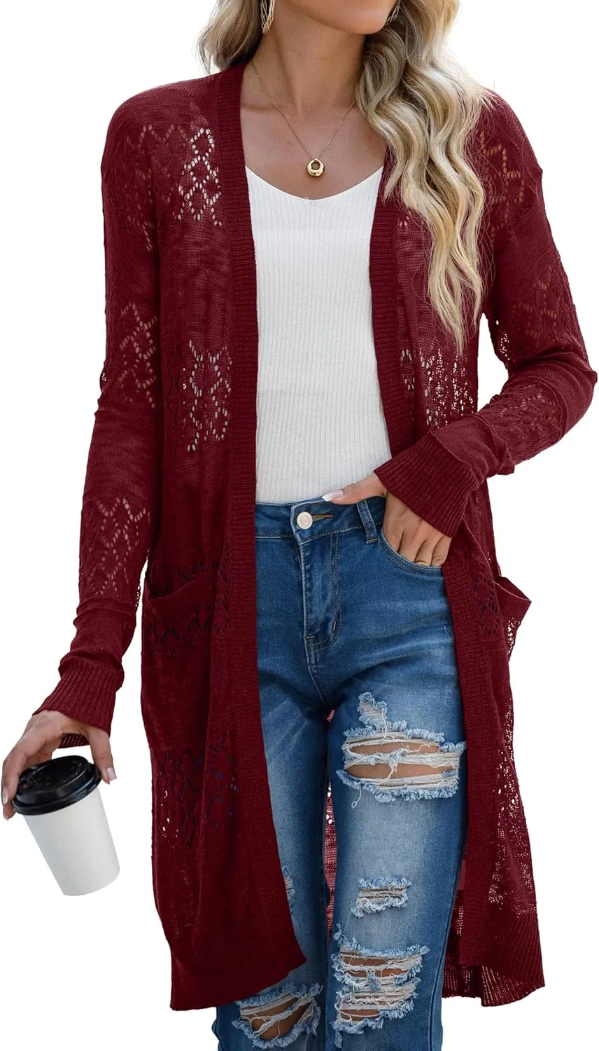 GRECERELLE Womens Lightweight Longer Length Cardigan Long Sleeve Casual Crochet Open-Front Sweater with Pockets