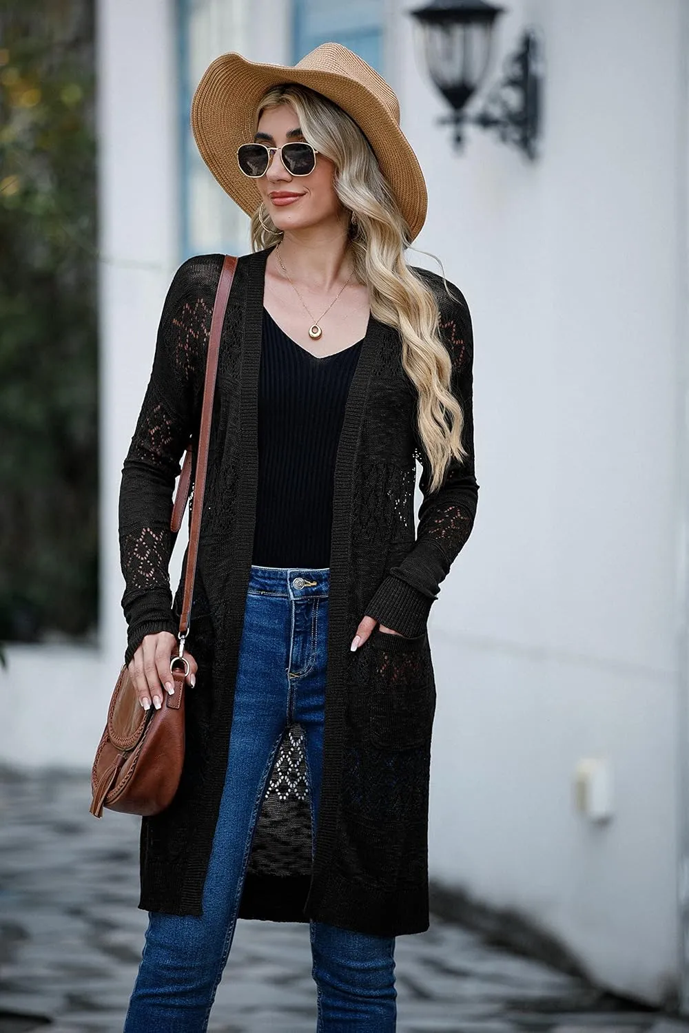 GRECERELLE Womens Lightweight Longer Length Cardigan Long Sleeve Casual Crochet Open-Front Sweater with Pockets
