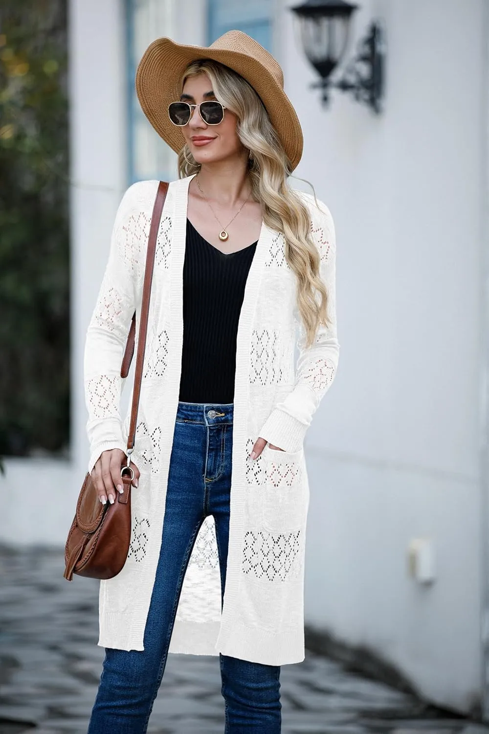 GRECERELLE Womens Lightweight Longer Length Cardigan Long Sleeve Casual Crochet Open-Front Sweater with Pockets