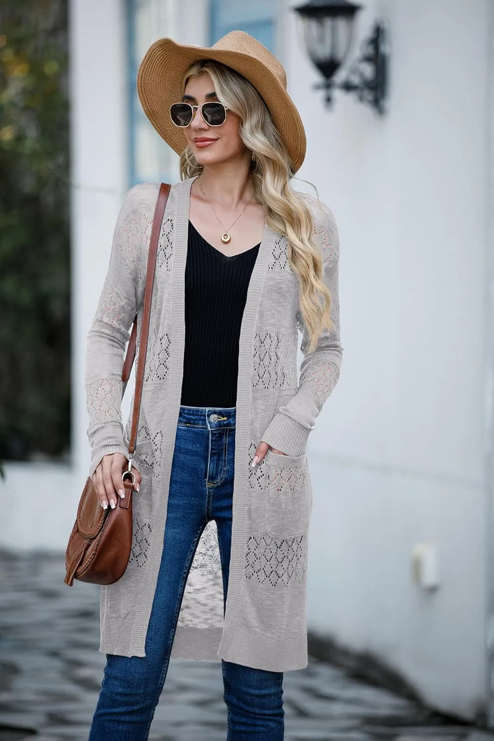 GRECERELLE Womens Lightweight Longer Length Cardigan Long Sleeve Casual Crochet Open-Front Sweater with Pockets
