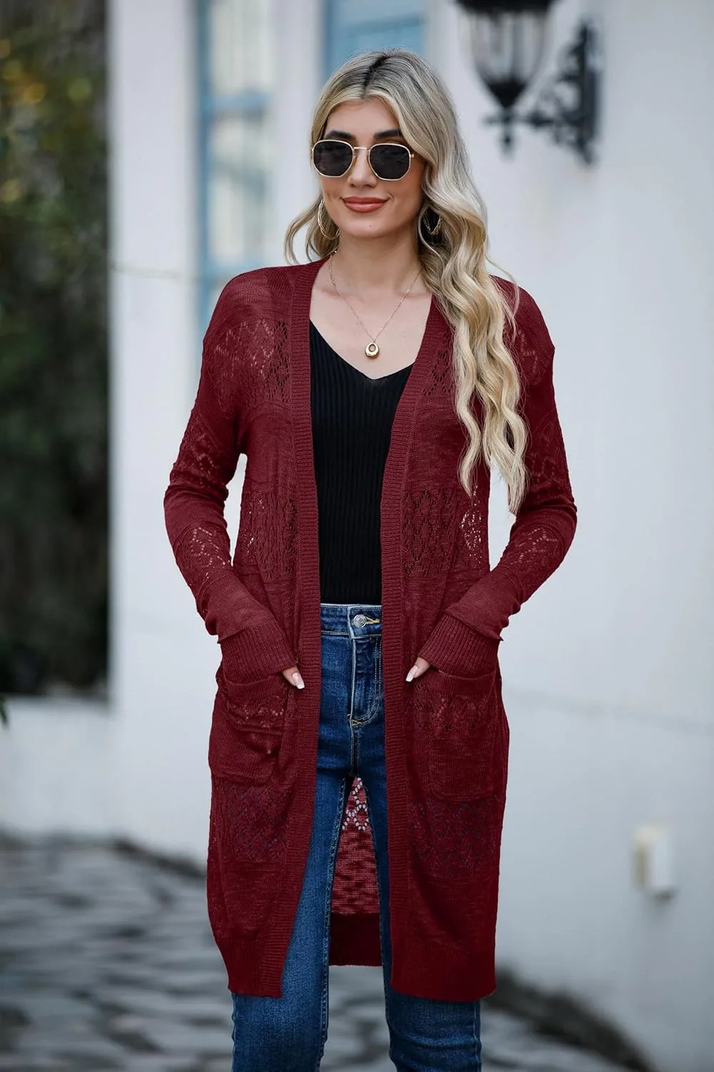 GRECERELLE Womens Lightweight Longer Length Cardigan Long Sleeve Casual Crochet Open-Front Sweater with Pockets