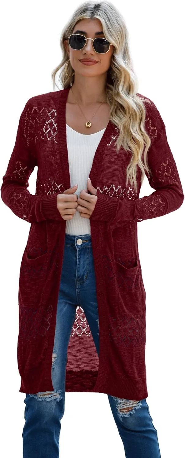 GRECERELLE Womens Lightweight Longer Length Cardigan Long Sleeve Casual Crochet Open-Front Sweater with Pockets