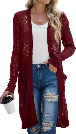 GRECERELLE Womens Lightweight Longer Length Cardigan Long Sleeve Casual Crochet Open-Front Sweater with Pockets