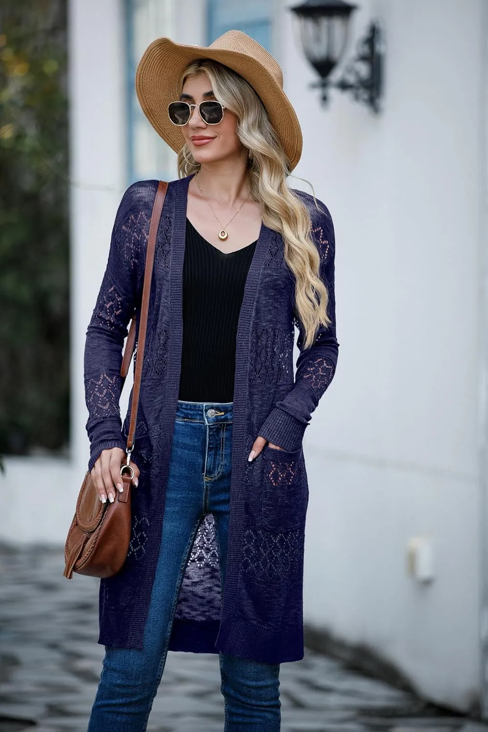 GRECERELLE Womens Lightweight Longer Length Cardigan Long Sleeve Casual Crochet Open-Front Sweater with Pockets