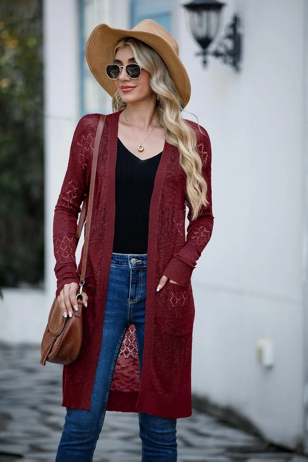 GRECERELLE Womens Lightweight Longer Length Cardigan Long Sleeve Casual Crochet Open-Front Sweater with Pockets