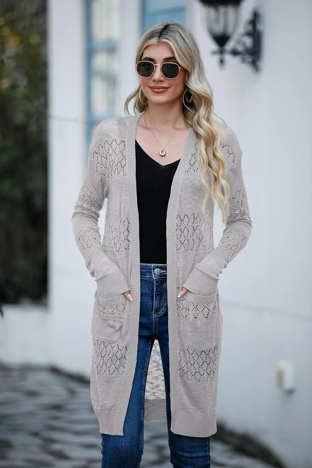 GRECERELLE Womens Lightweight Longer Length Cardigan Long Sleeve Casual Crochet Open-Front Sweater with Pockets