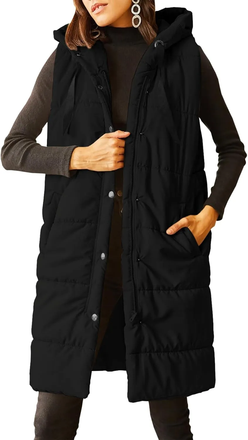 Grlasen Women's Long Quilted Puffer Vest Sleeveless Hooded Button Down Padded Coats Jacket Outerwear with Pockets