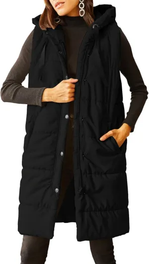 Grlasen Women's Long Quilted Puffer Vest Sleeveless Hooded Button Down Padded Coats Jacket Outerwear with Pockets
